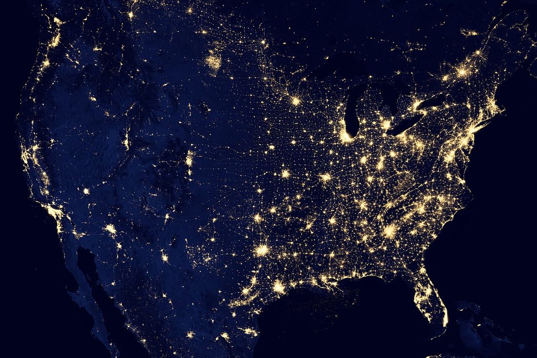 City lights across the United States at night